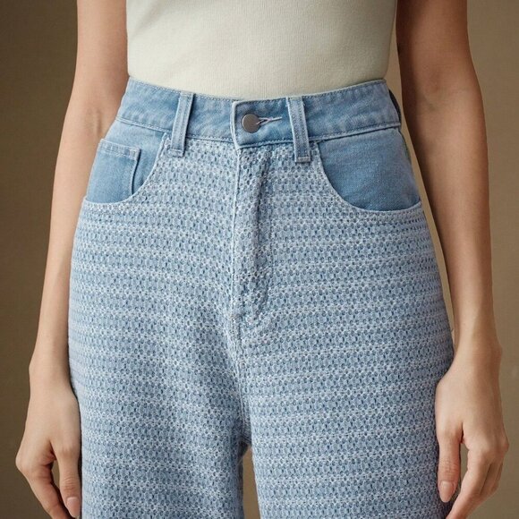 Blue Casual Women's Jacquard Weave Wide Leg Loose Fit Jeans - Picture 3 of 7